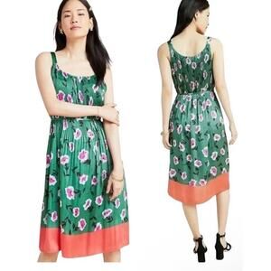 EUC Anthropologie Mireille Pleated Dress Size LARGE Green Pink Blue Melon